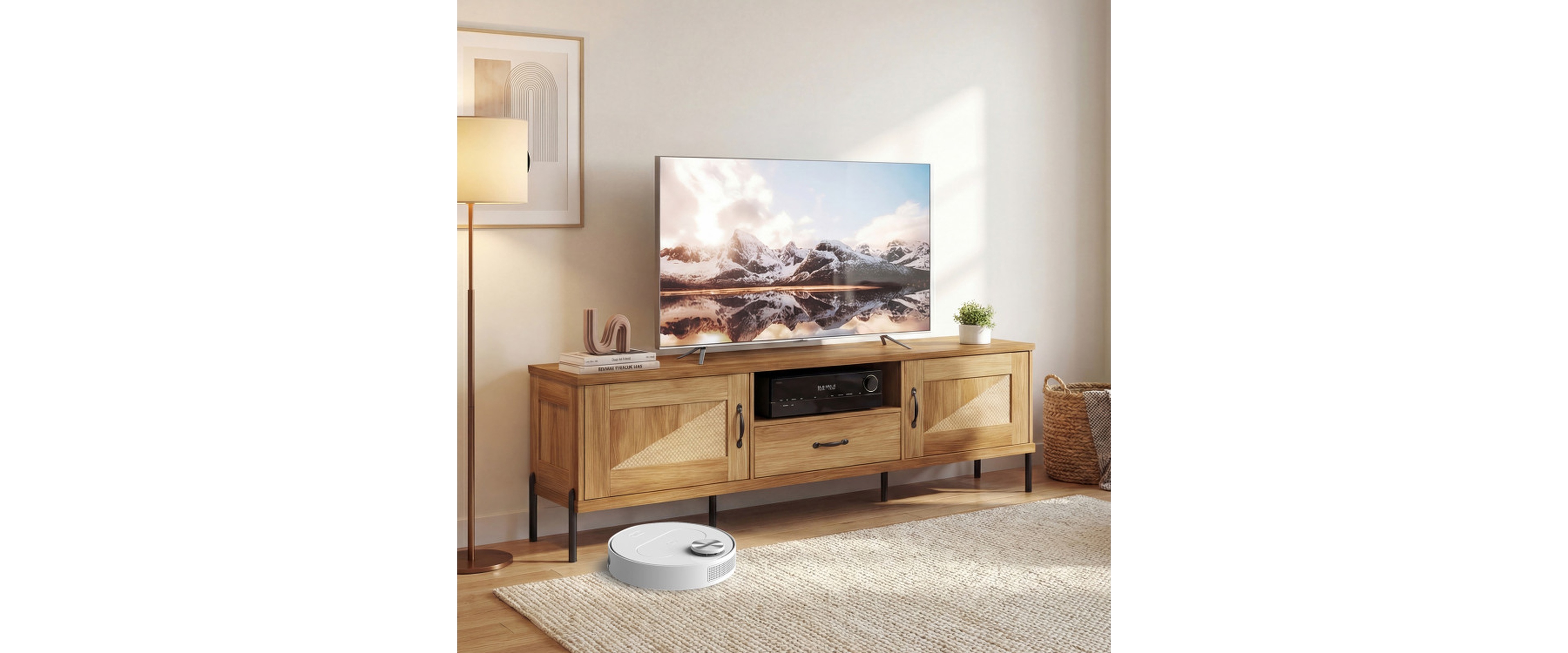 Sugift Rattan Tv Stand for 80-Inch TVs with 2 Cabinets Drawer and Open Shelf