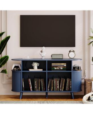 55" Round Mid-Century TV Stand and Media Console with Vinyl Storage and Charging Station, Open Shelves