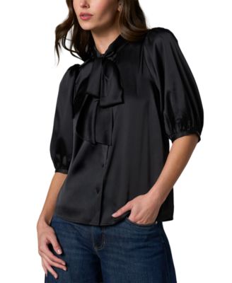 Petite Elbow-Length Puff-Sleeve Tie-Neck Satin Blouse