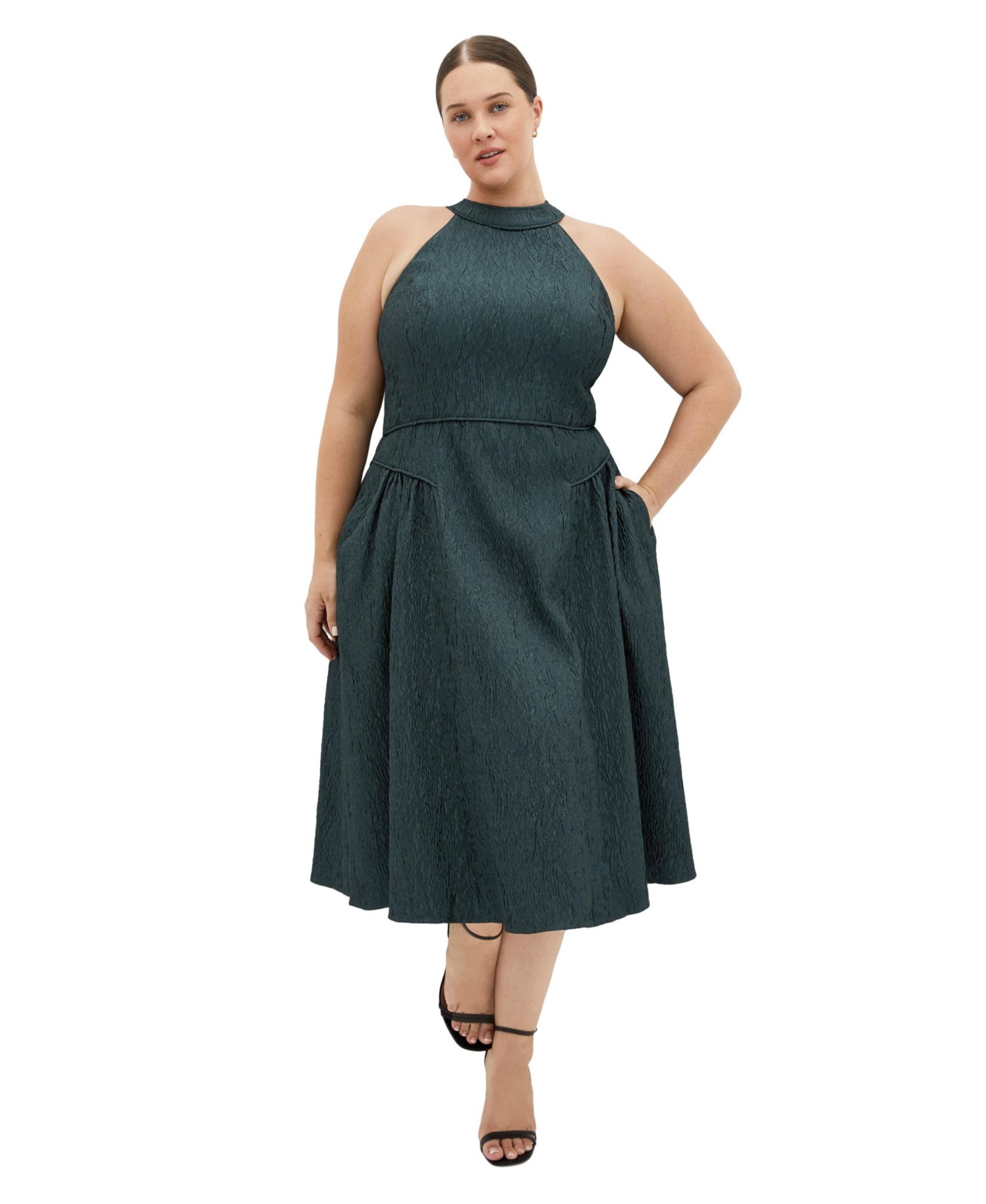 Plus Size Halter Jacquard A-Line Midi Dress