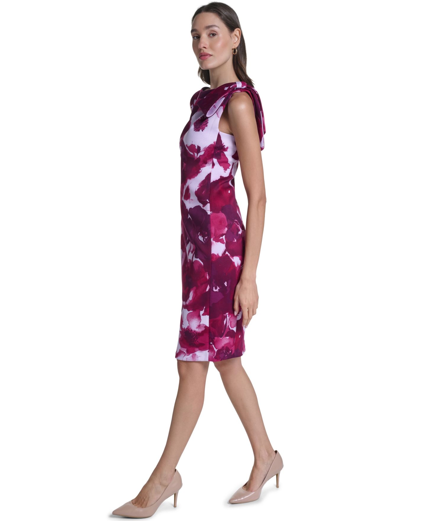 Женское платье Calvin Klein Floral Boat Neck Shoulder-Bow, цвет: Баклажановый разноцветный — фото 3