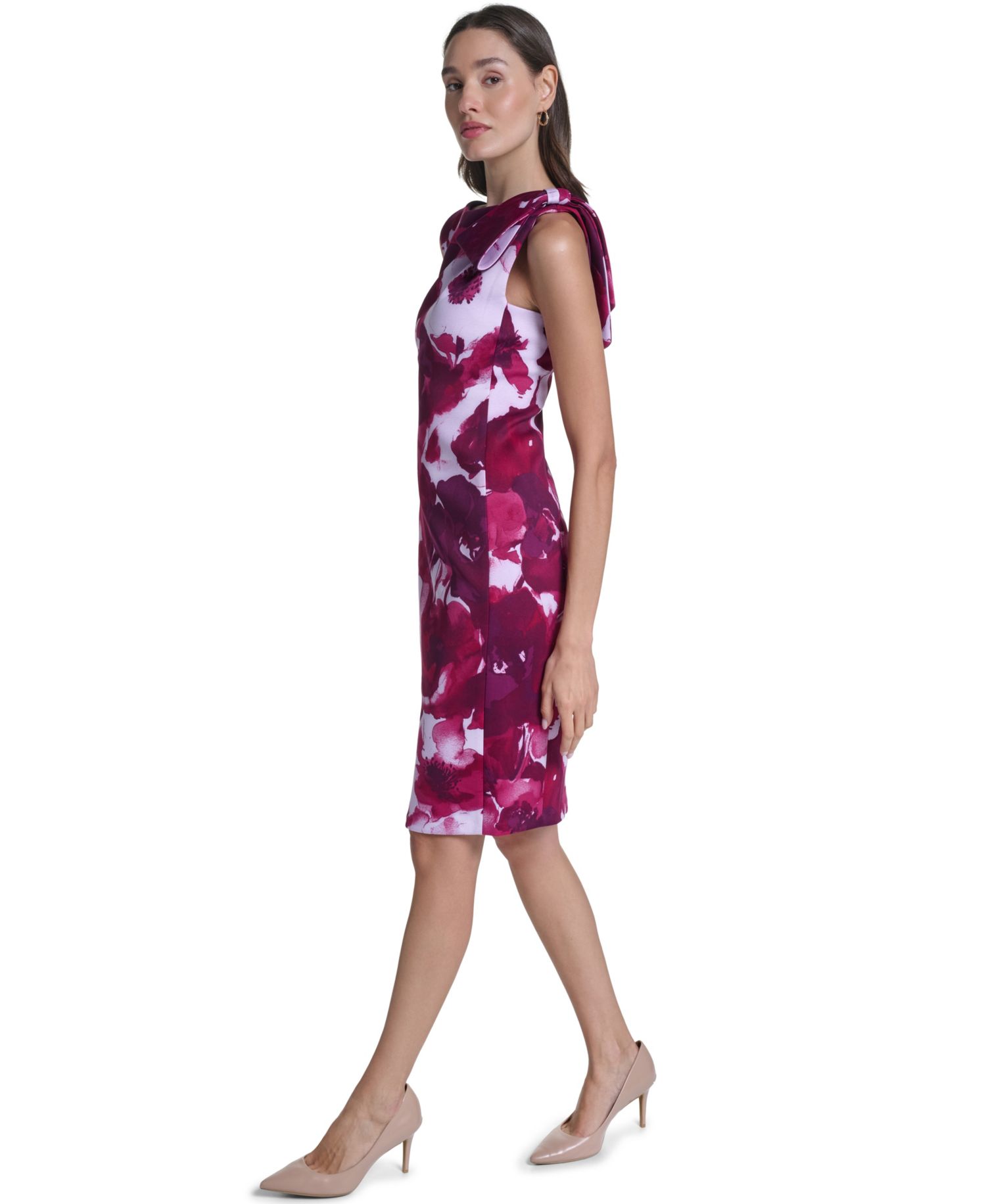 Women's Floral Boat Neck Shoulder-Bow Dress