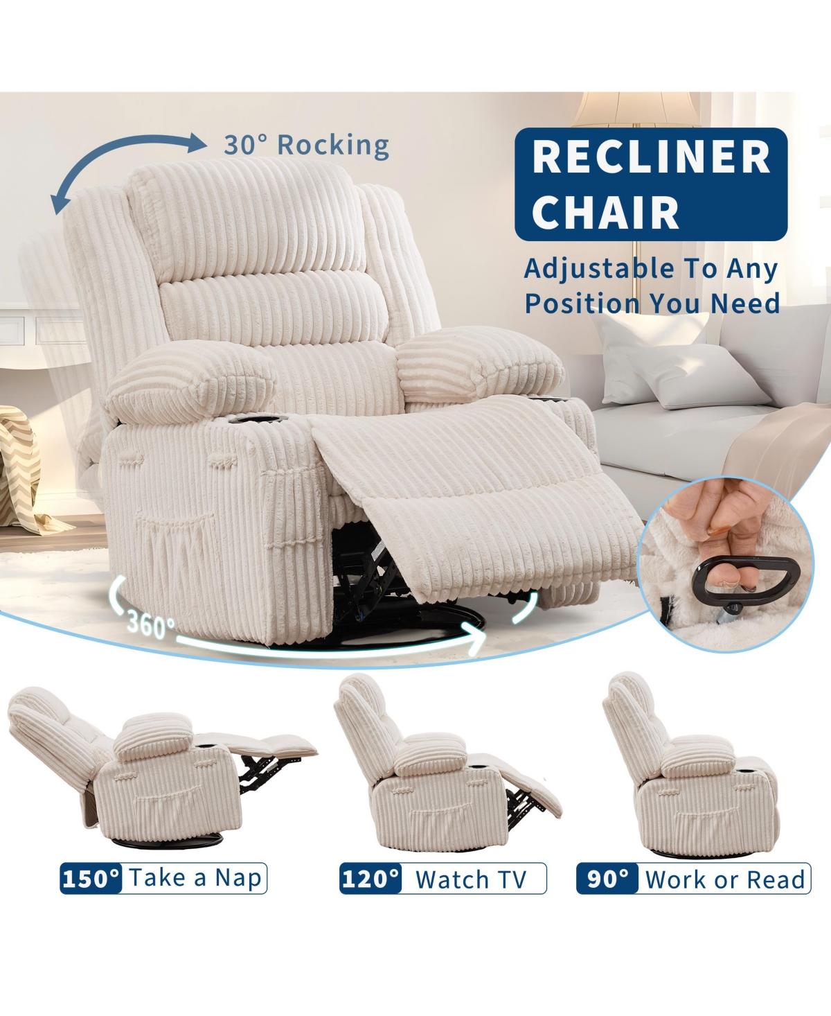 homfan Swivel Rocker Recliner Chair Manual for Adults Soft Corduroy Extra Wide Seat 350 Lb Capacity Cup Holder And Pockets Nursery