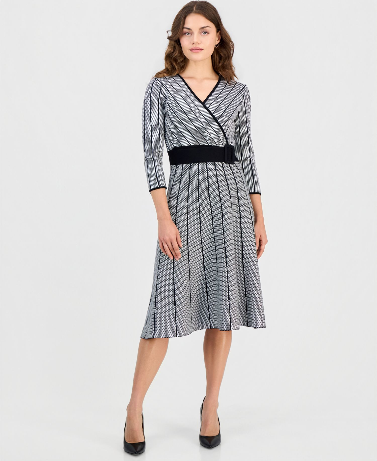 Women's Surplice Jacquard Belted V-Neck 3/4 Sleeve Fit & Flare Midi Dress