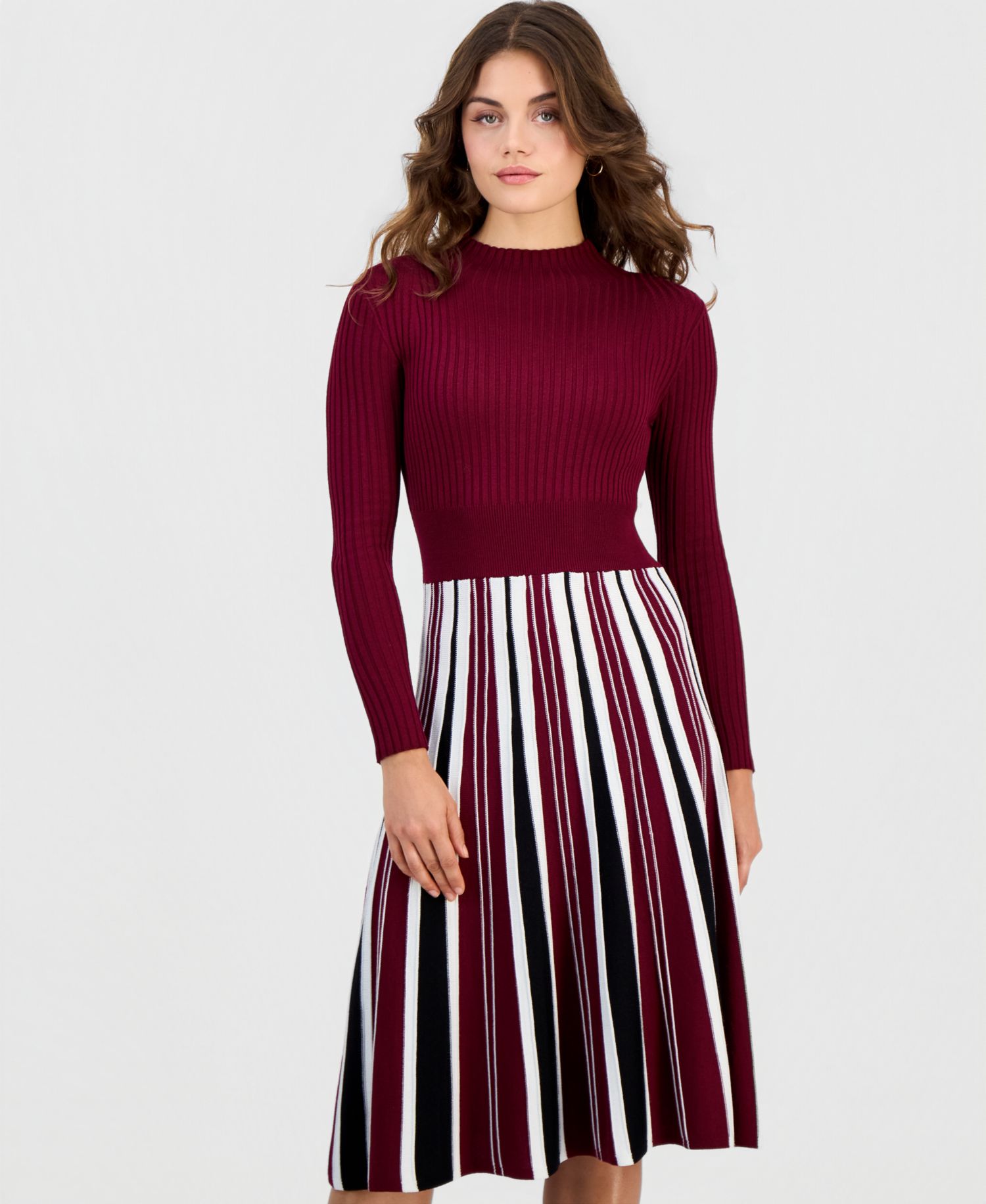 Petite Long-Sleeve Pleated-Skirt Sweater Dress