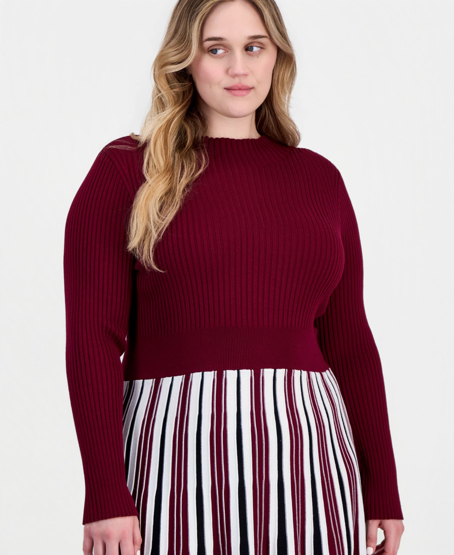 Plus Size Mock-Neck Long-Sleeve A-Line Midi Dress
