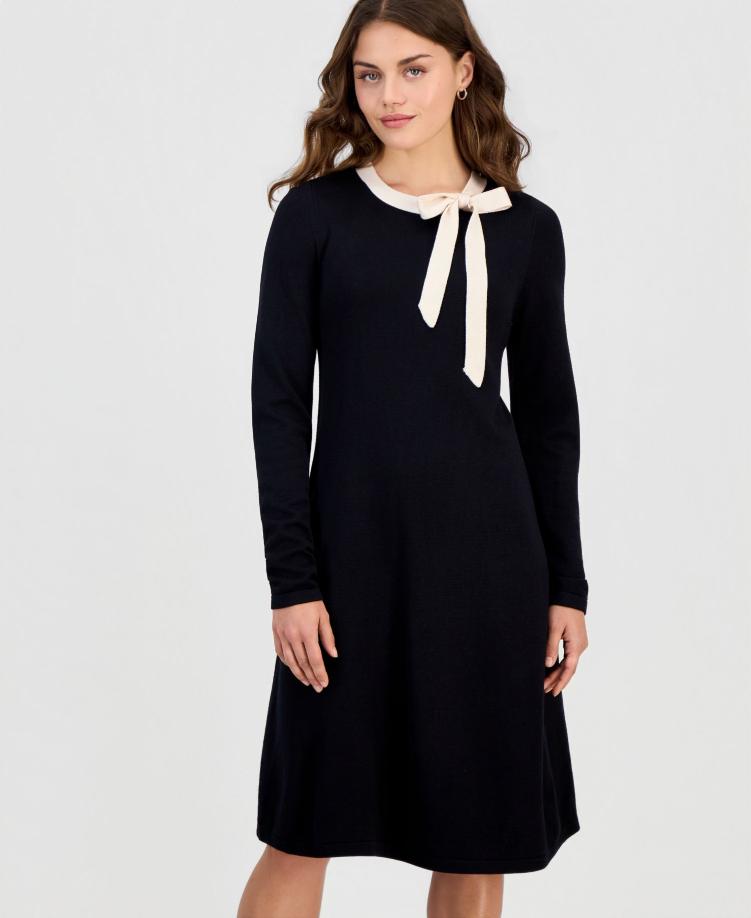 Petite Bow-Trim-Neck Long-Sleeve Glitter Sweater Dress