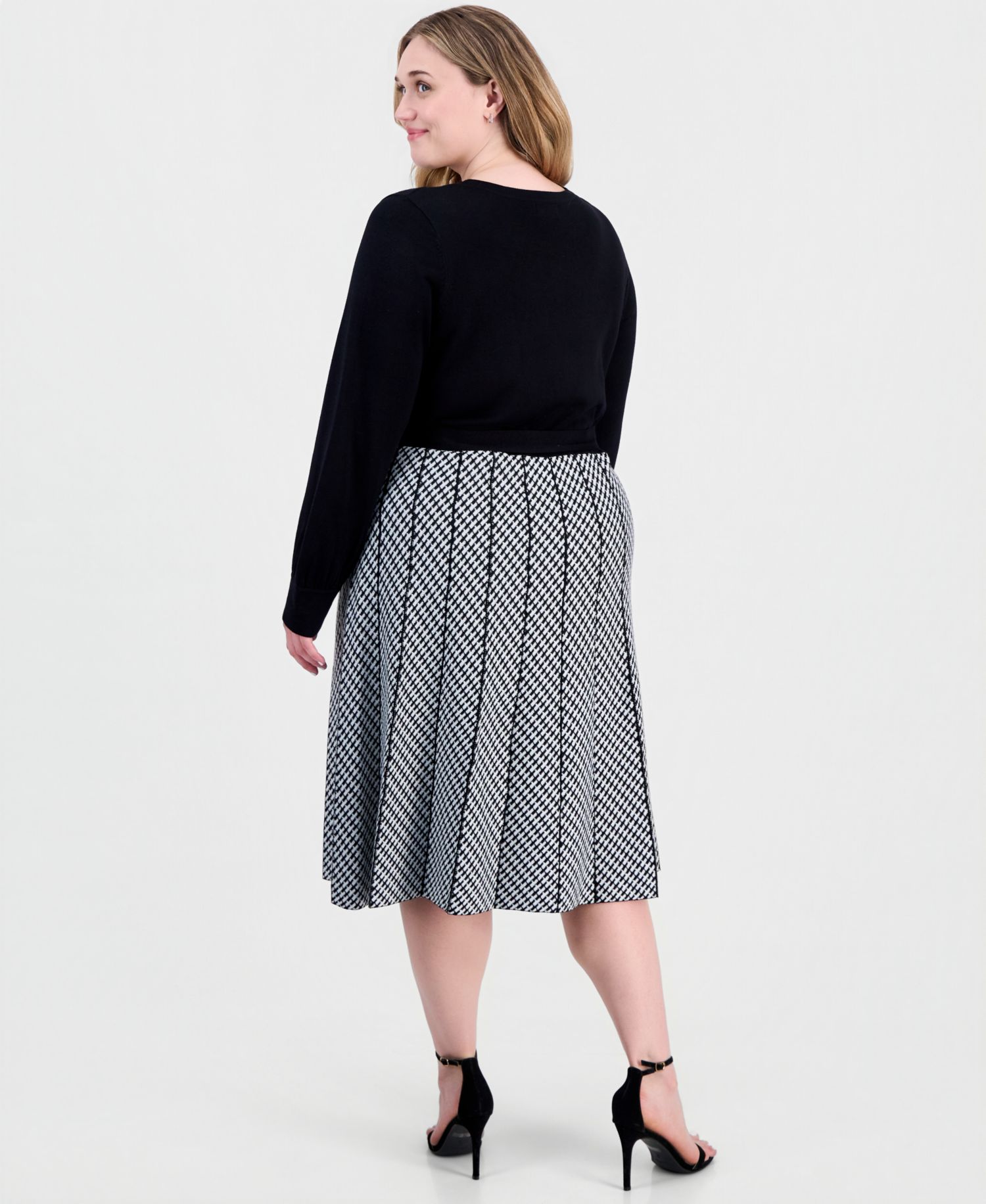 Plus Size Combo Skirt Long-Sleeve Knit Midi A-Line Dress