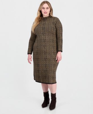 Plus Size Mock-Neck Long-Sleeve Plaid Sweater Dress