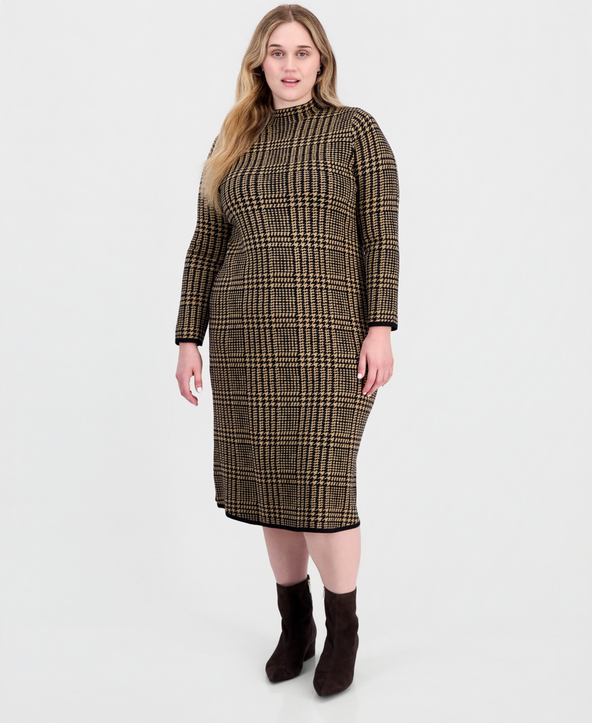 Robbie Bee Plus Size Mock-neck Long-sleeve Plaid Sweater Dress In Tan.black