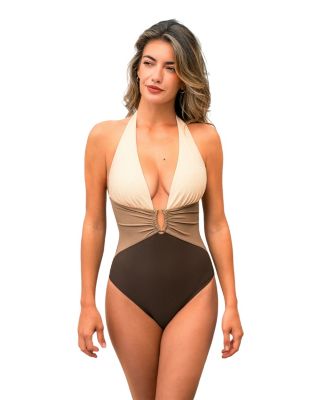 Women's Halter Plunging Deep V neck One-Piece Swimsuit