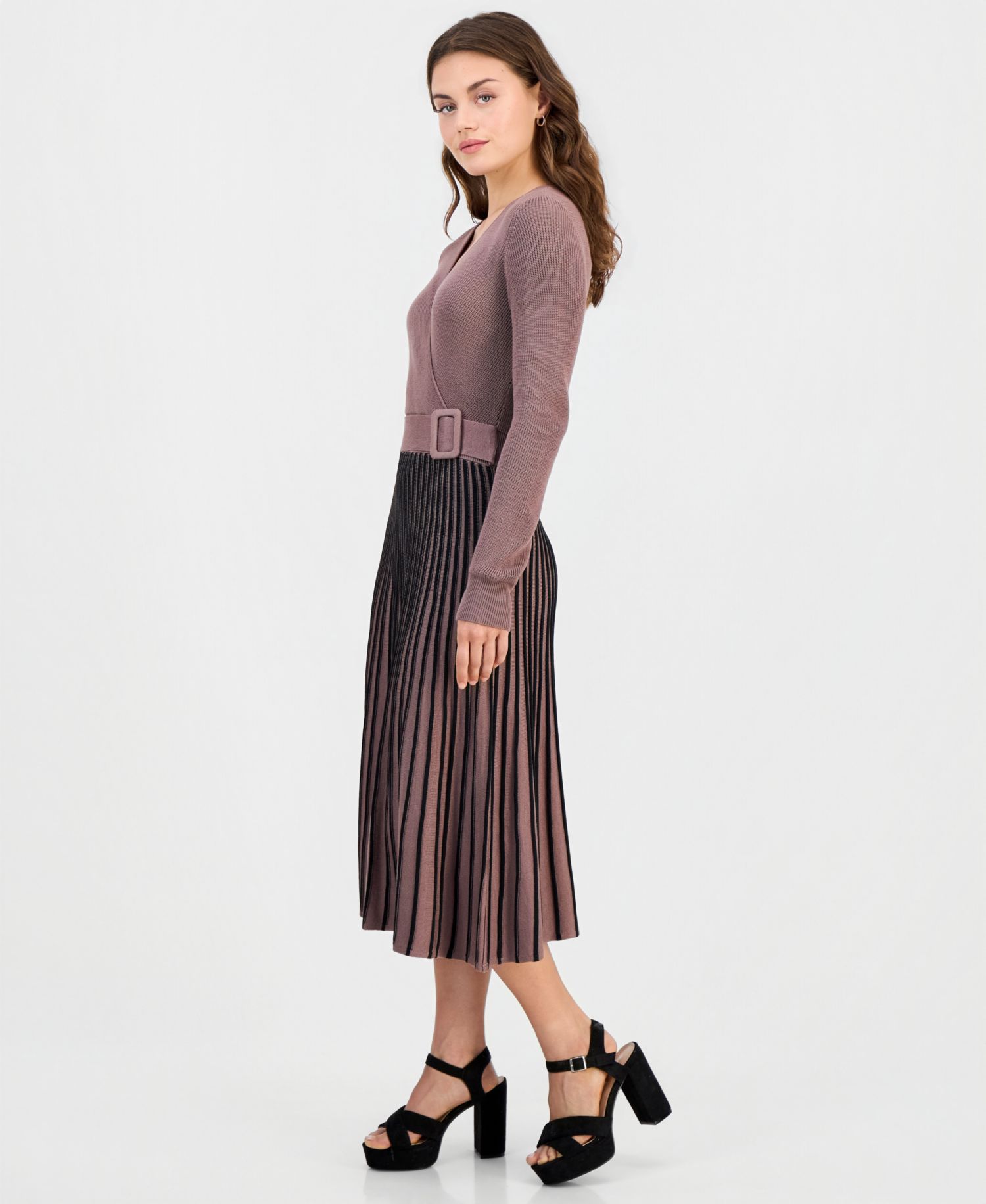 Petite Two-Tone Belted Sweater Dress