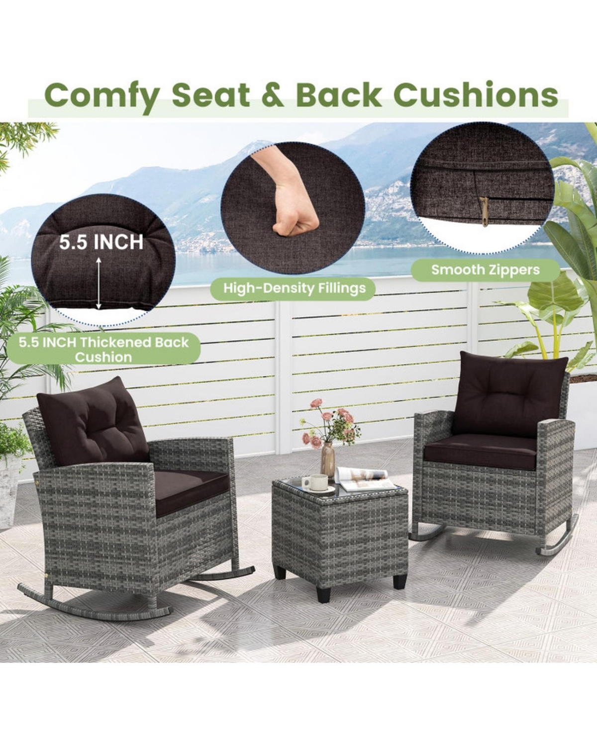 Sugift 3-Piece Patio Rattan Rocking Chair Set with Tempered Glass Side Table