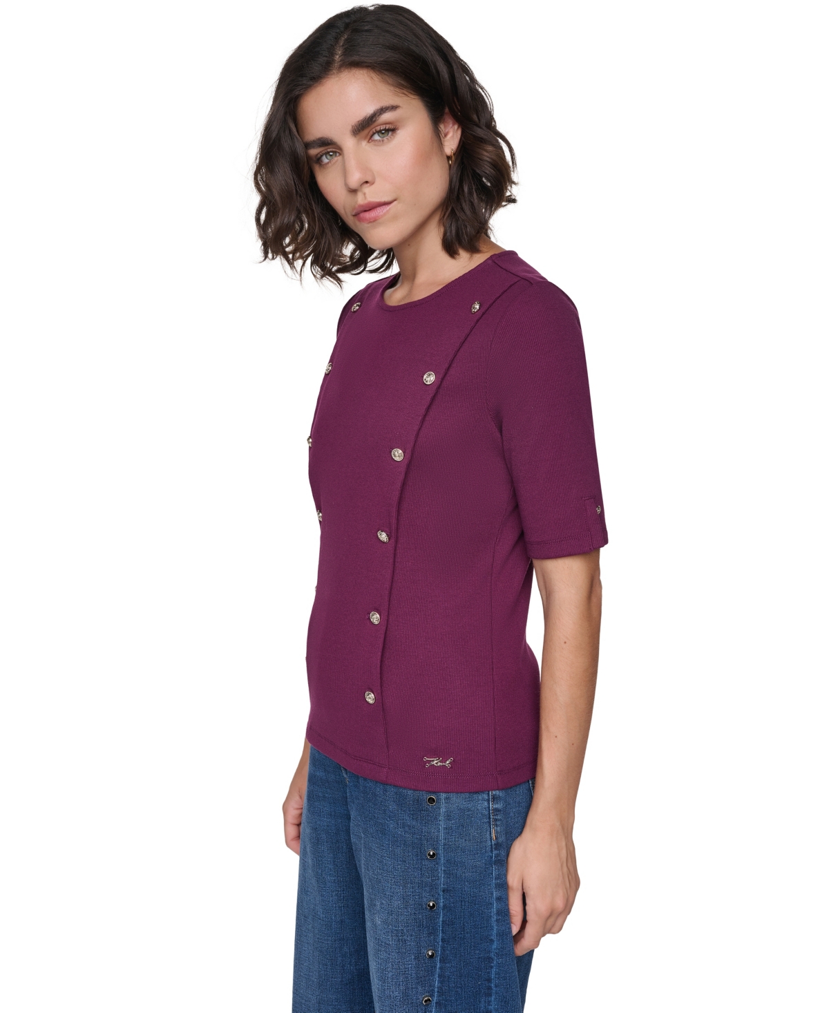 Karl Lagerfeld Paris Petite Rib-Knit Crewneck Short-Sleeve Top