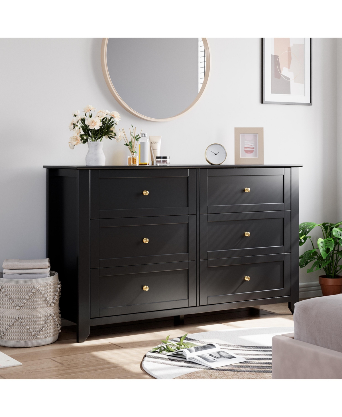 54" Wide 6-Drawer Lacquered Storage Chest, Modern Dresser with Deep Drawers, Multi-purpose Organizer for Bedrooms, Hallways and Entryways