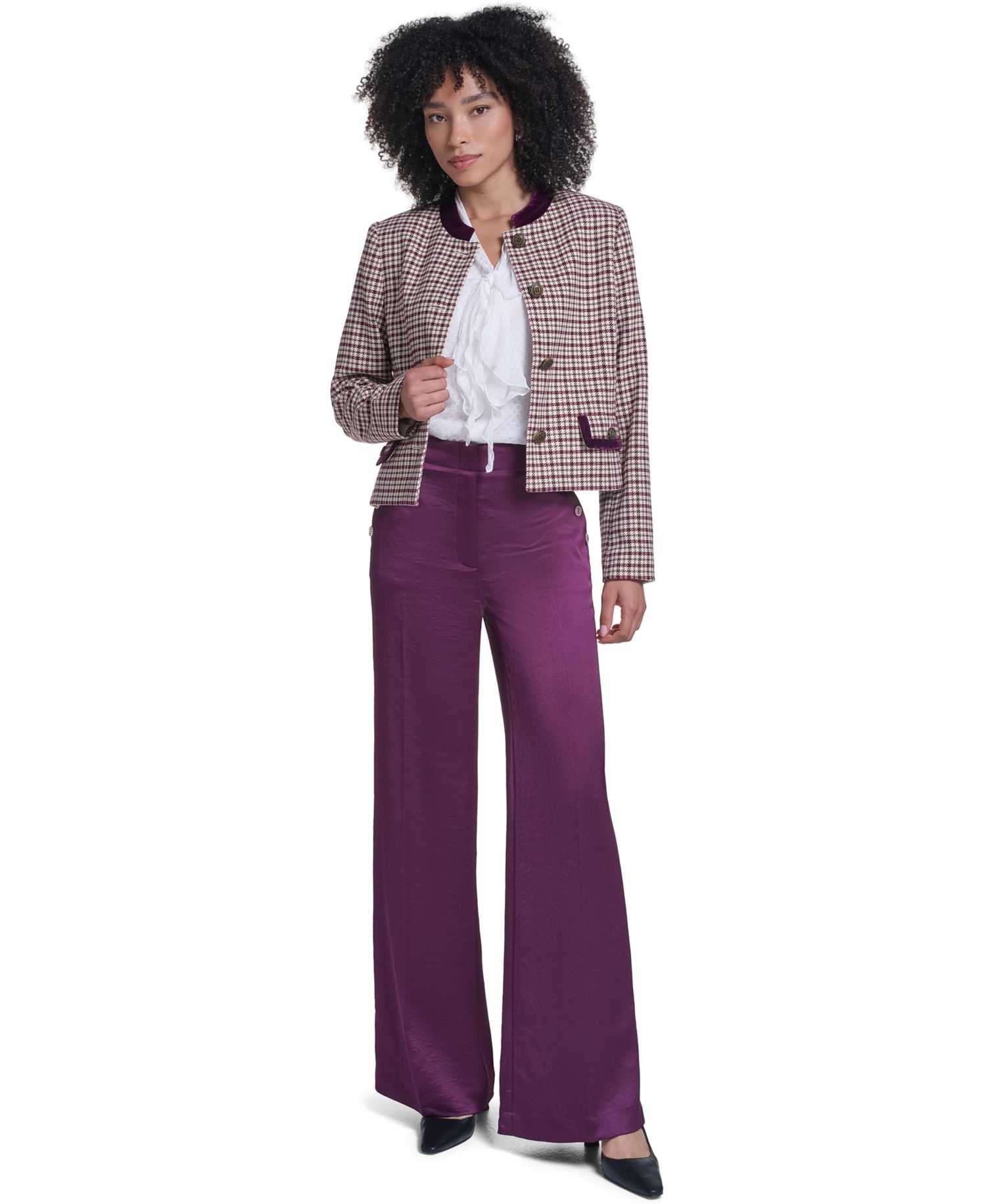 Petite Cropped Shoulder-Padded Woven Jacket