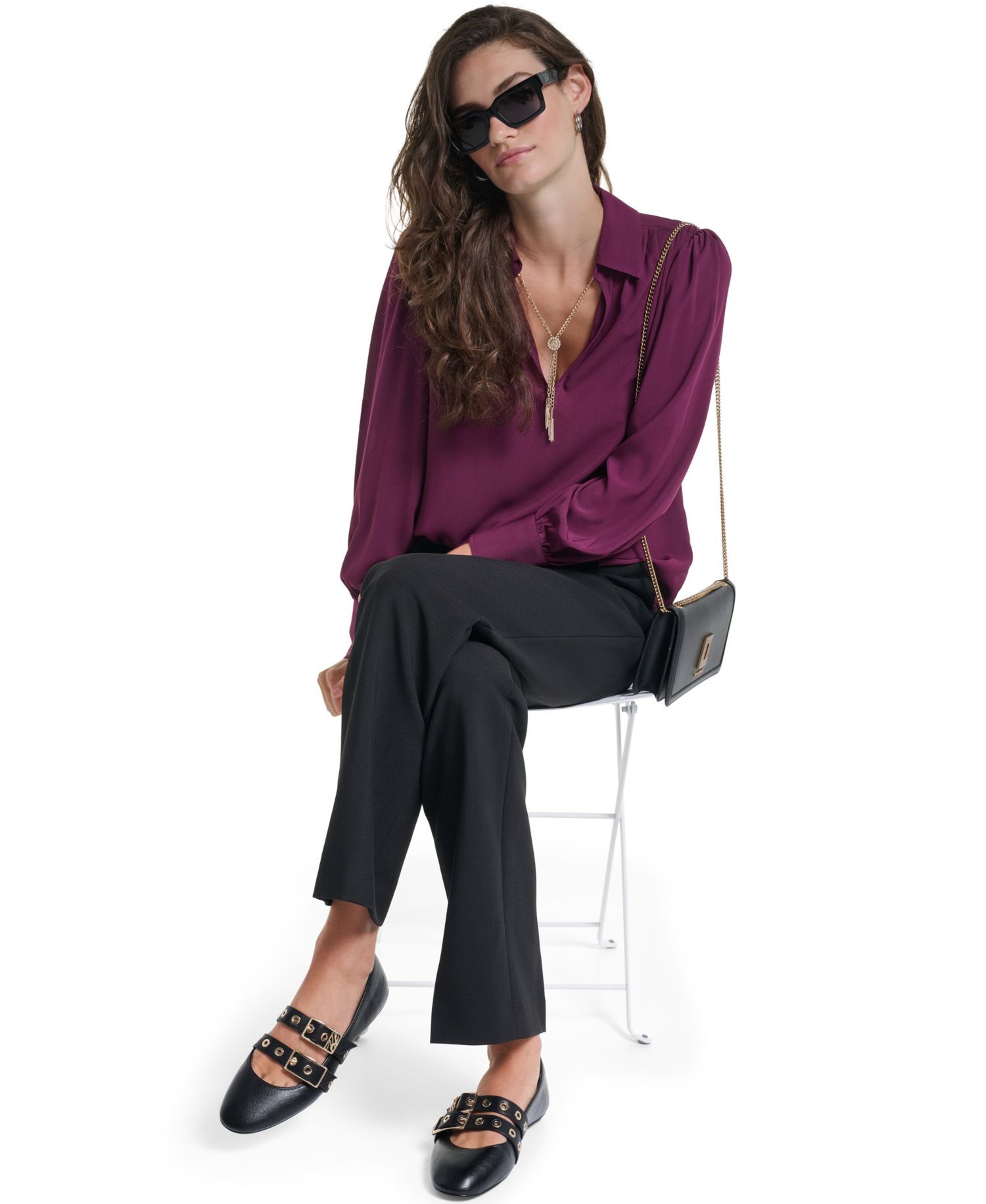 Petite Long-Sleeve Collared Blouse