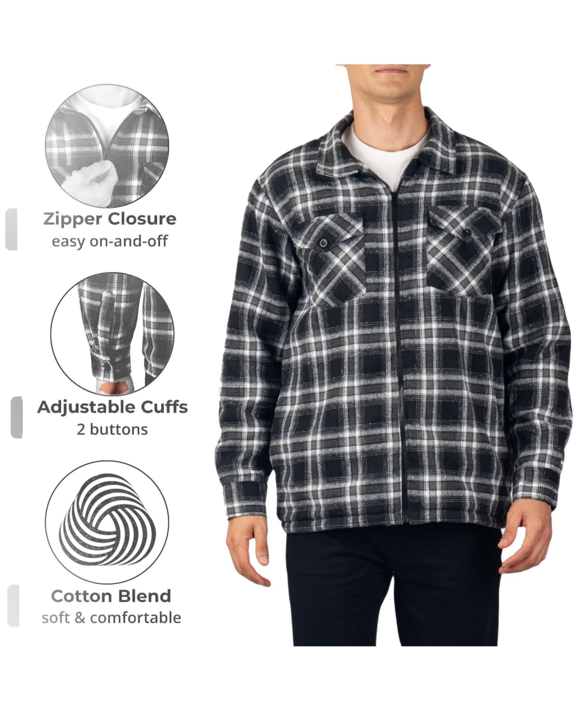 Alpine Swiss Men's Felix Fleece Lined Flannel Shirt Heavyweight Zip-Up Plaid Shacket Overshirt