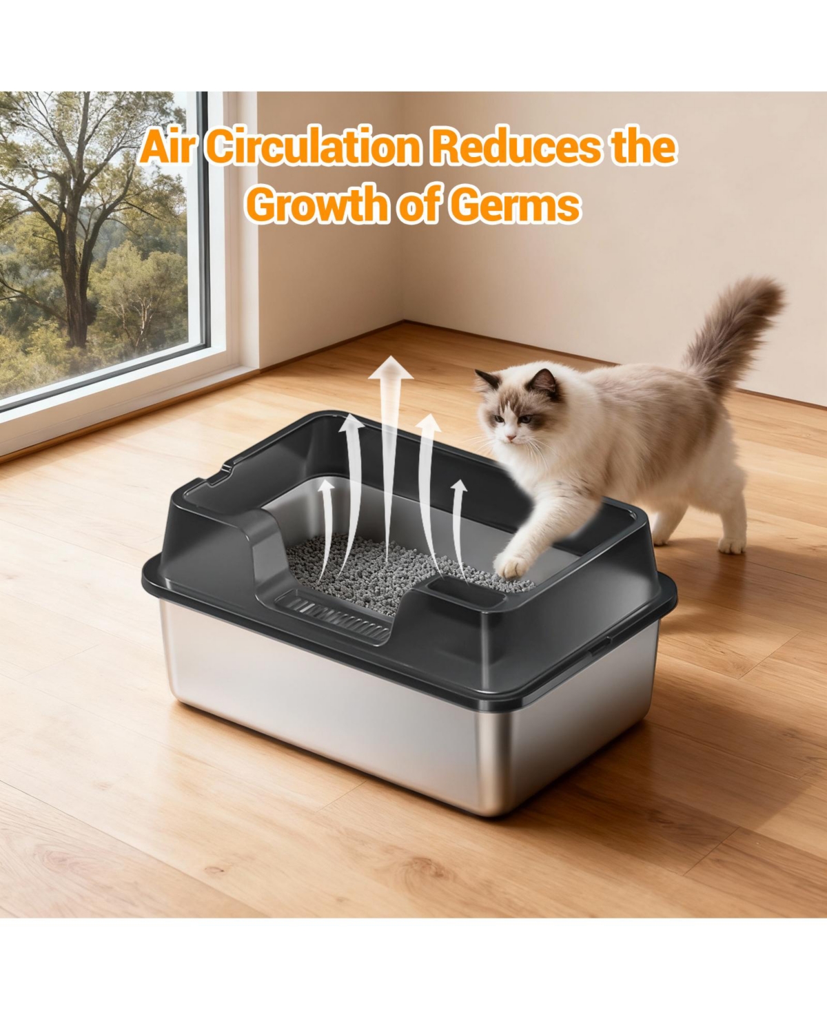 homfan Stainless Steel Enclosed Box with Lid, High-Sided Leak-Proof Pan for Large and Multi-Cat Homes, Non-Stick Odor Control, Easy Clean Scoop