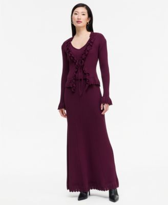 Women's Ruffle Trim Cardigan, Sweater Tank & Midi Skirt