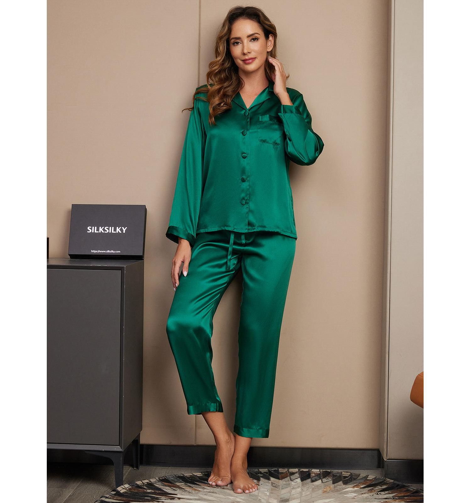 Women's Long Sleeve Button-Up Satin Pajama Set