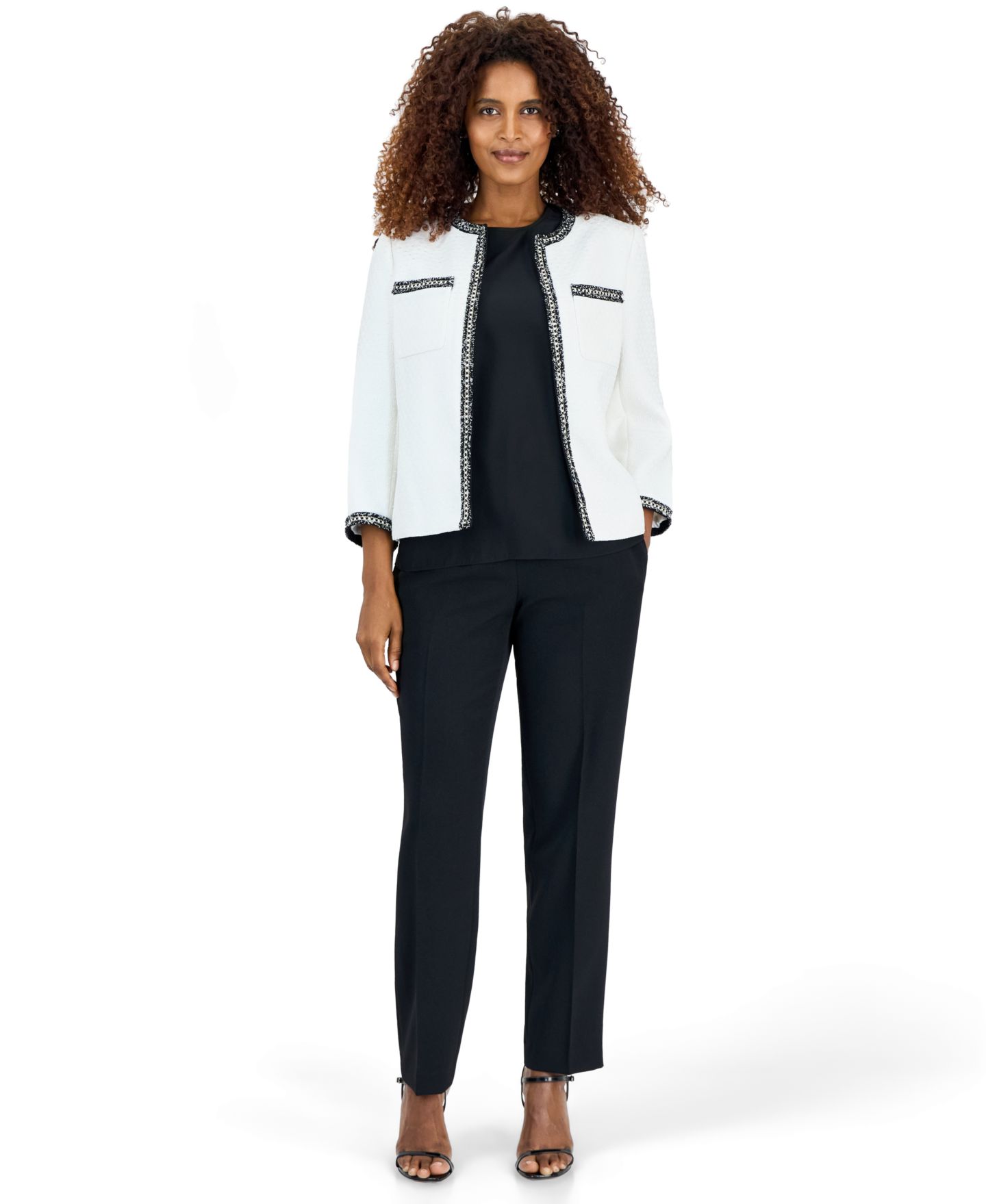 Женская куртка Kasper Tweed Contrast Trim Patch Pocket Cardigan, цвет: Ванильный ледяной / Чёрный — фото 2