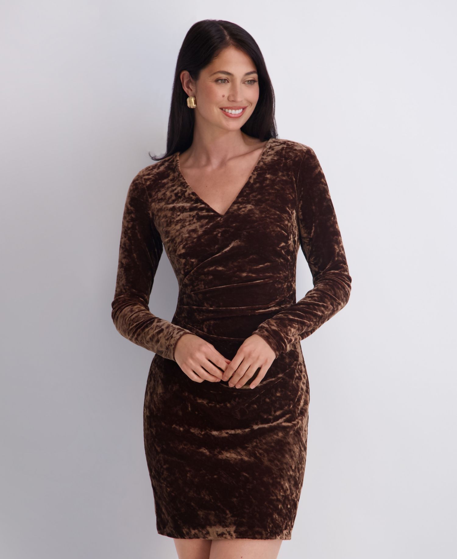 Women's Crushed Velvet V-Neck Long-Sleeve Dress