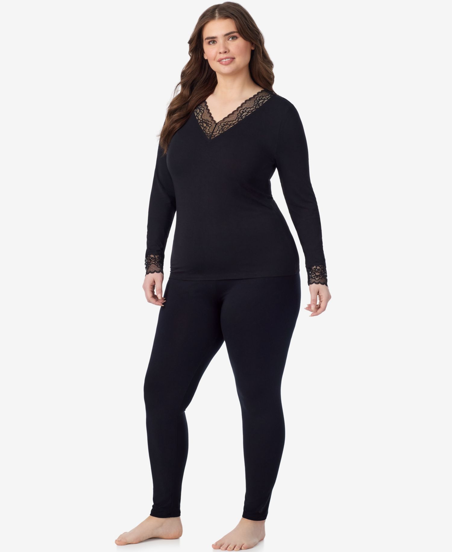 Plus Size Softwear with Stretch Long-Sleeve V-Neck with Lace Top