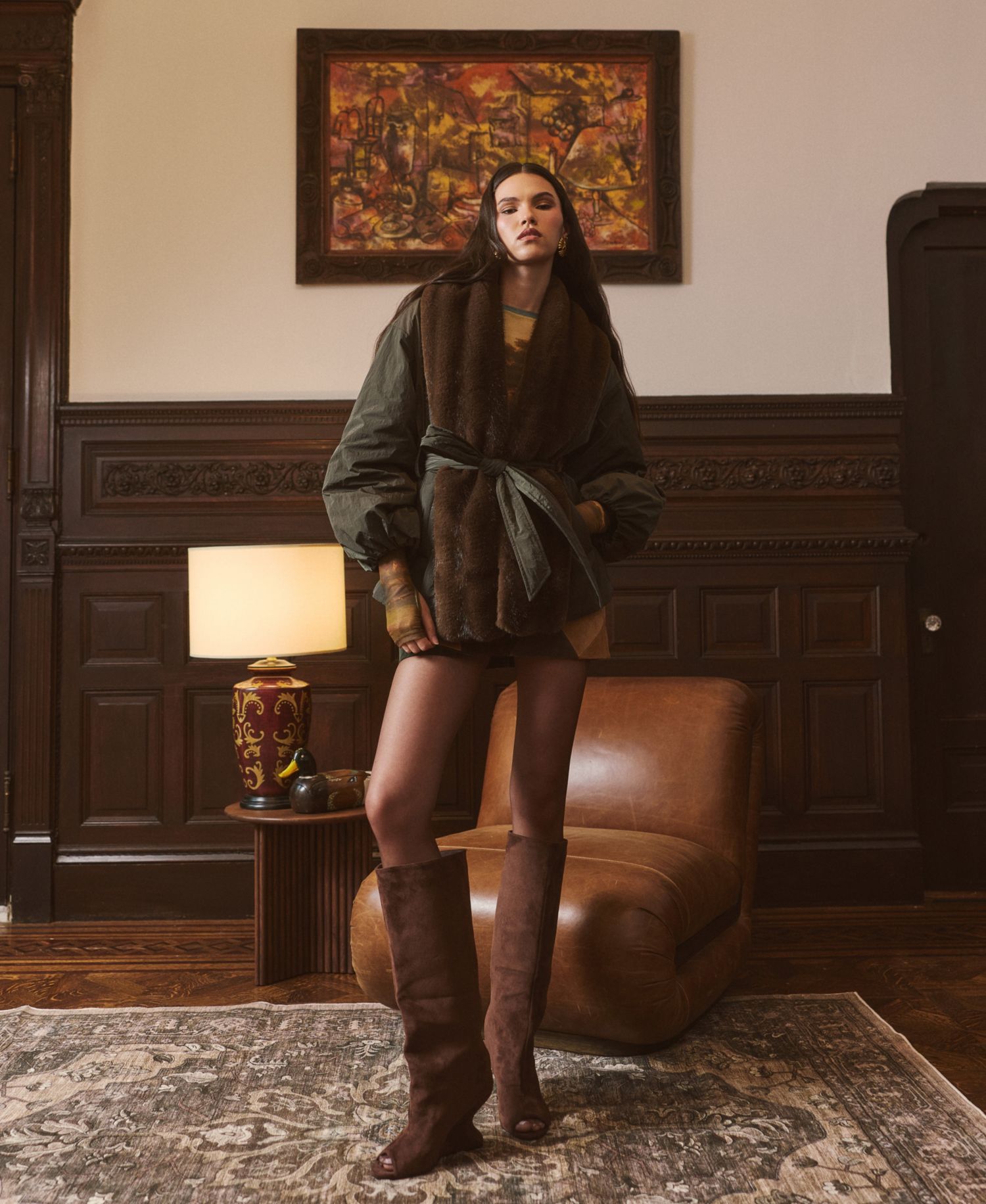 Women's Belted Faux-Fur-Trim Shawl Collar Puffer Jacket