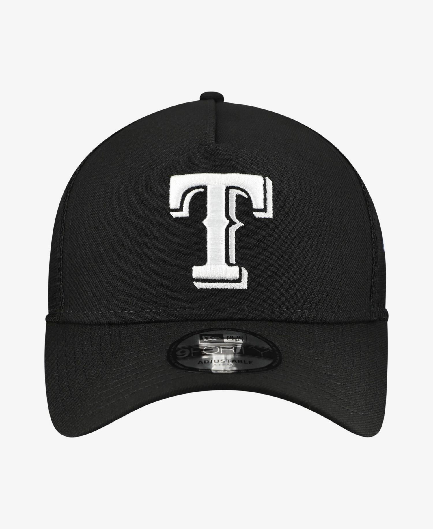 Men's Black Texas Rangers Side Script 9FORTY A-Frame Trucker Adjustable Hat