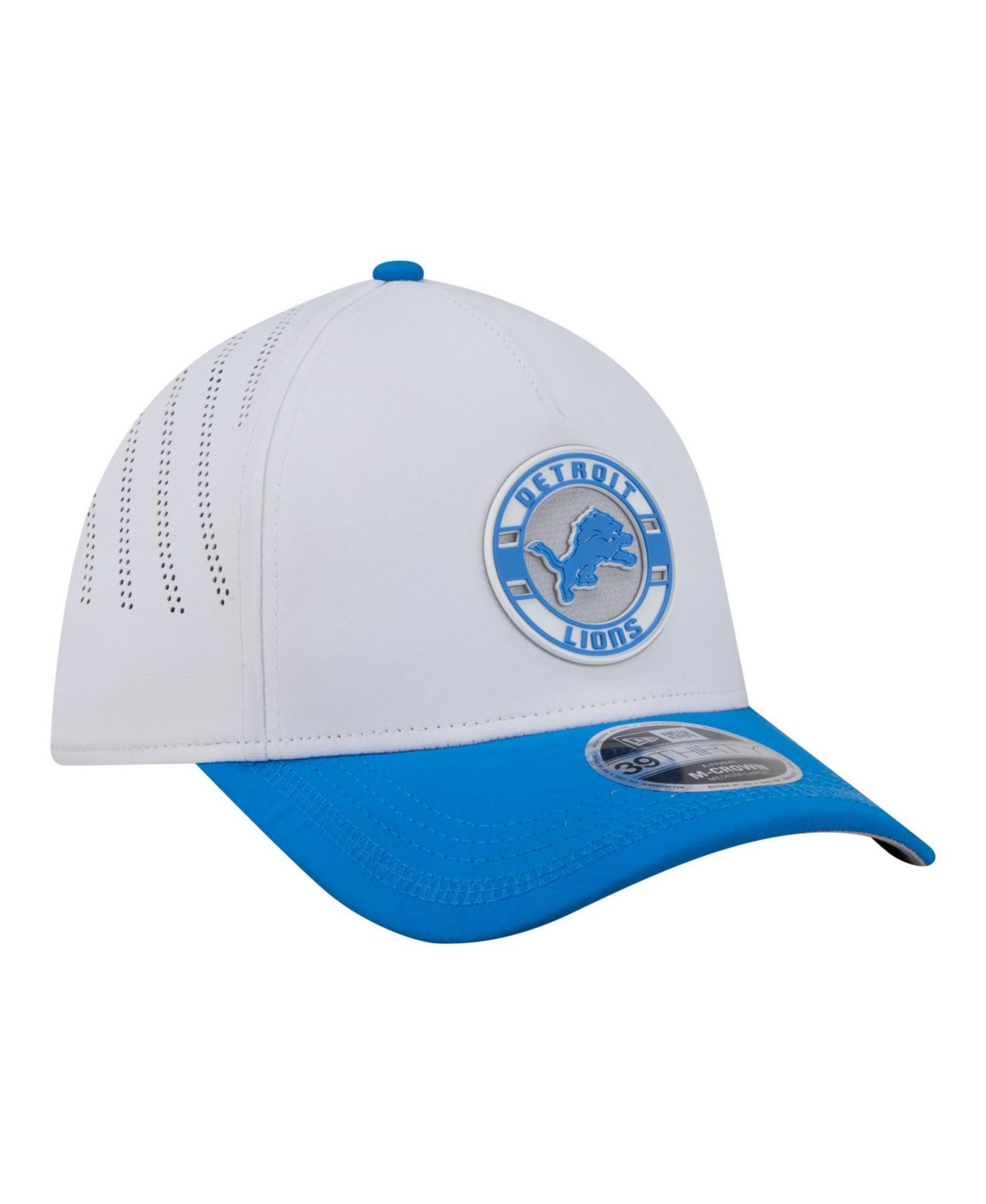 Men's White/Blue Detroit Lions Patch 39THIRTY A-Frame M-Crown Perforated Flex Hat