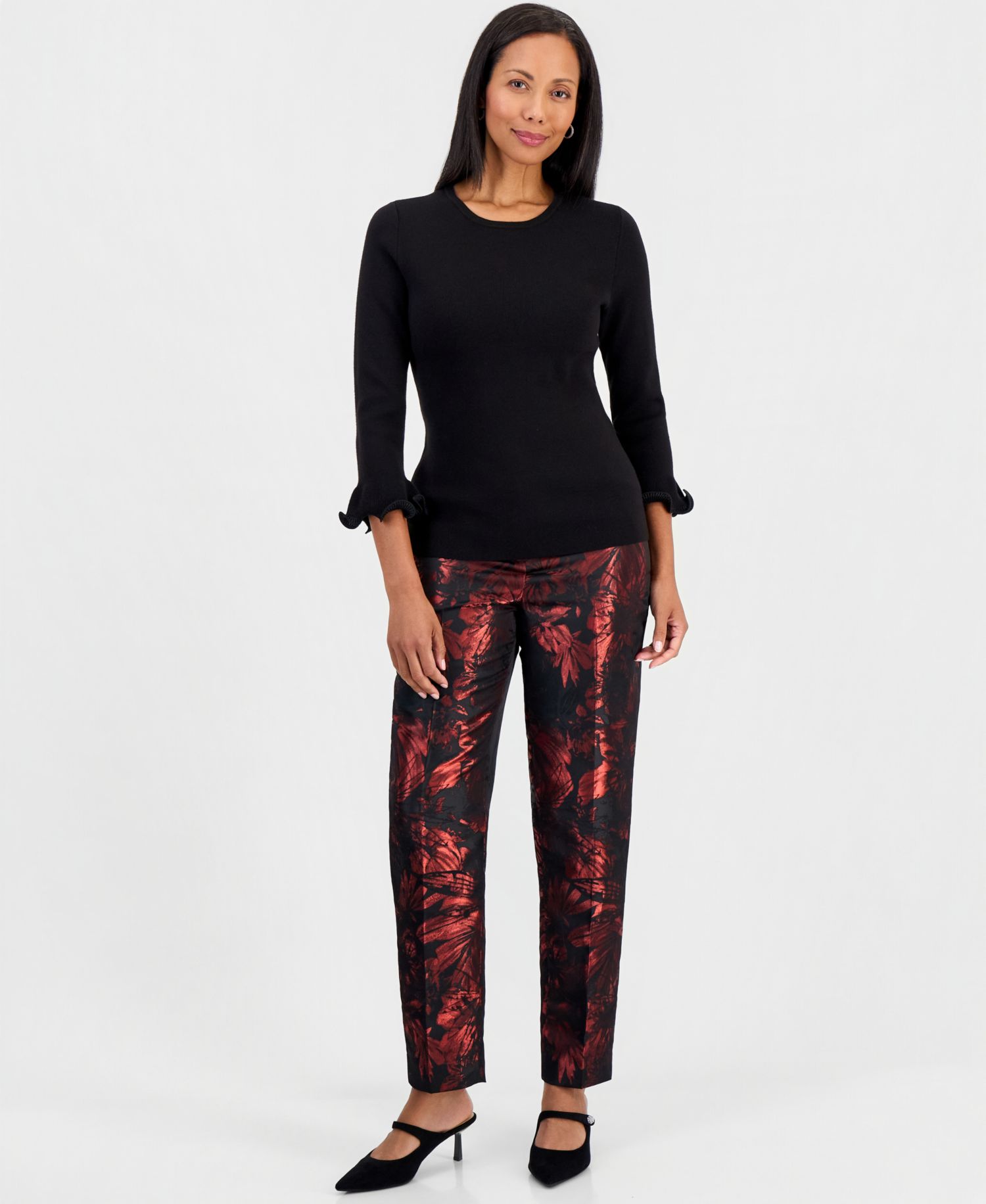 Petite Crew Neck Sculptural Cuff 3/4-Sleeve Sweater