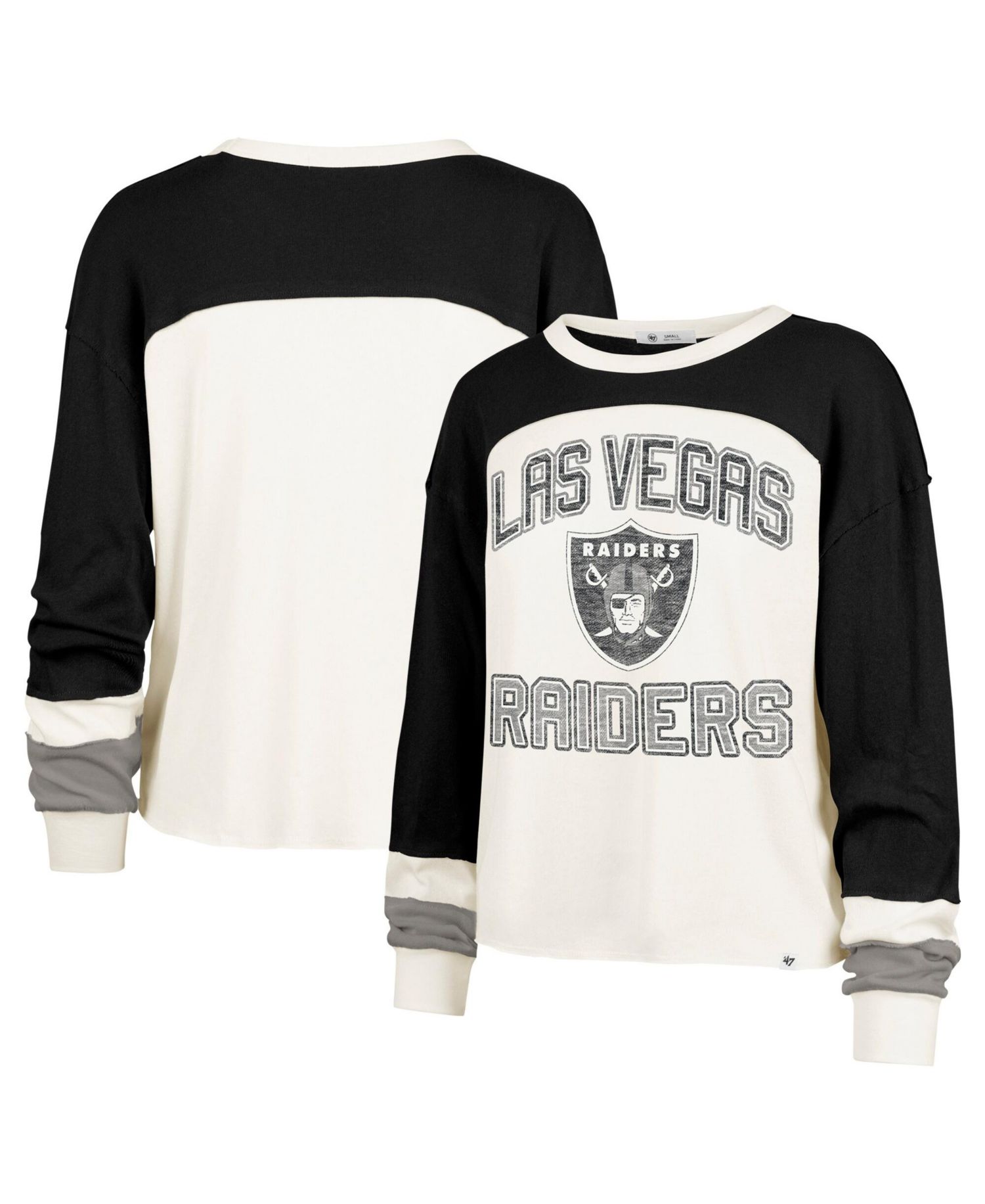 Women's Las Vegas Raiders Double Header Curve Distressed Raglan Long-Sleeve Crop Top