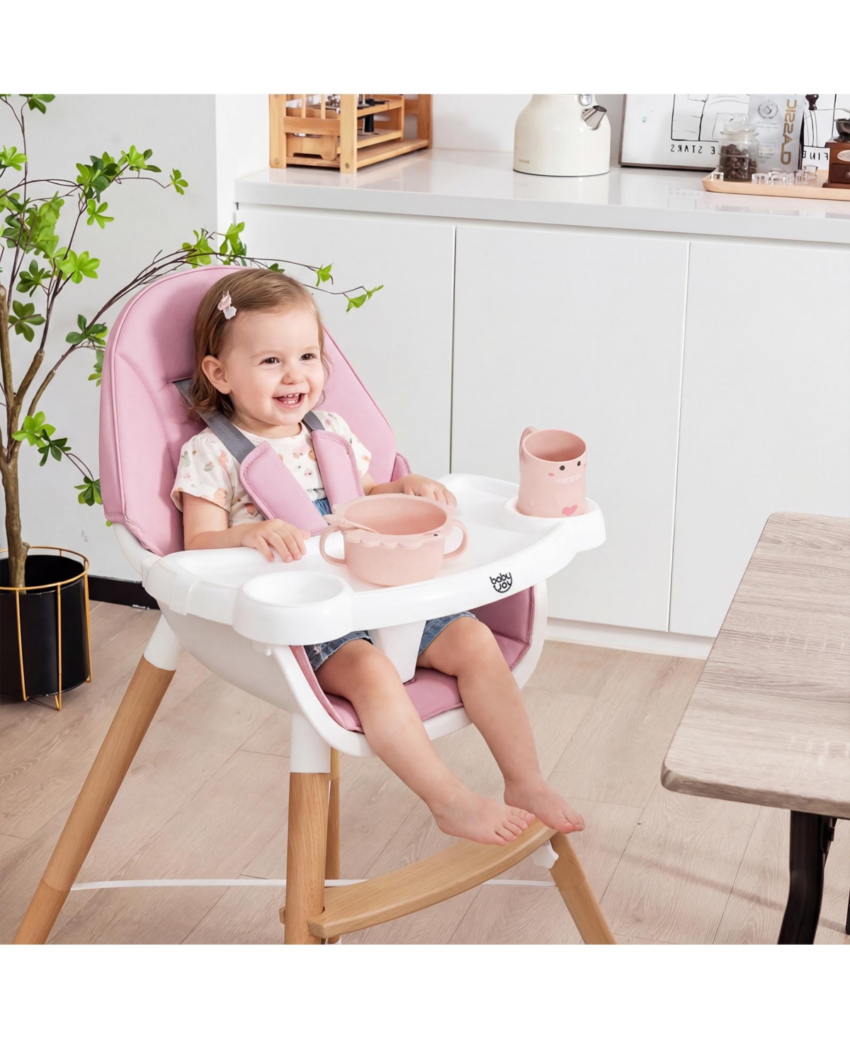 Costway Toddler High Chair Wooden Feeding Chair with 4-Gear Tray & Removable Cushion