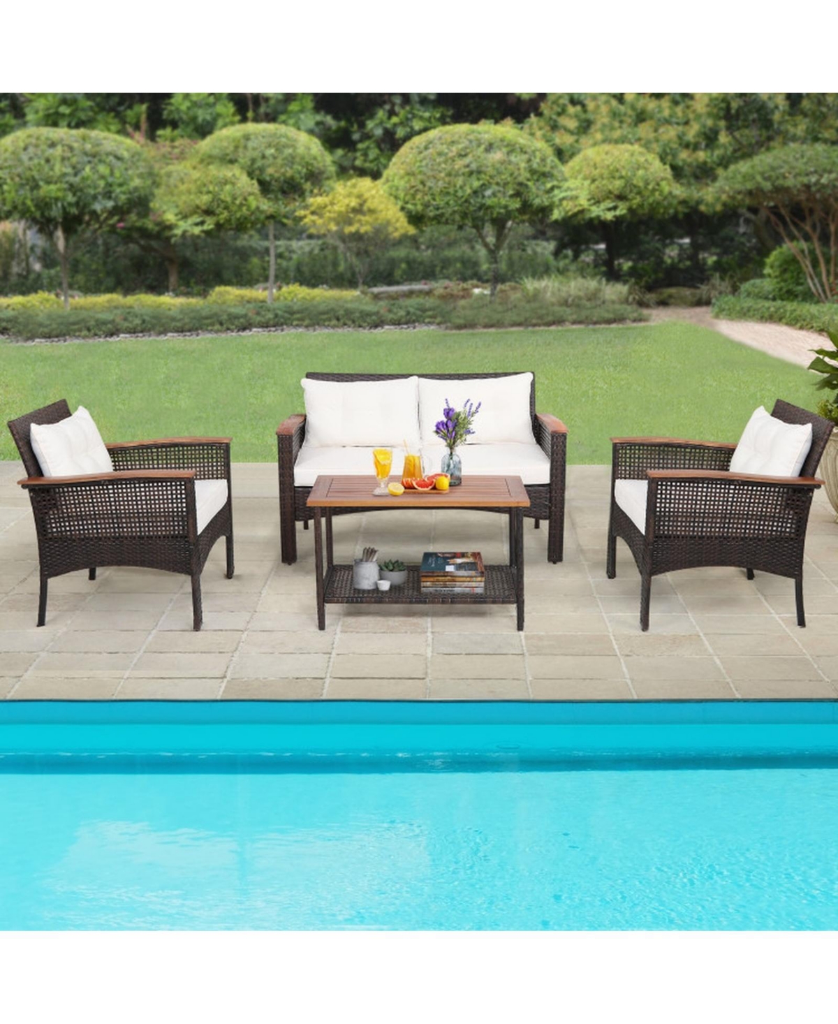 Gouun 4 Piece Outdoor Rattan Conversation Set with Acacia Wood Table, Loveseat and 2 Armchairs