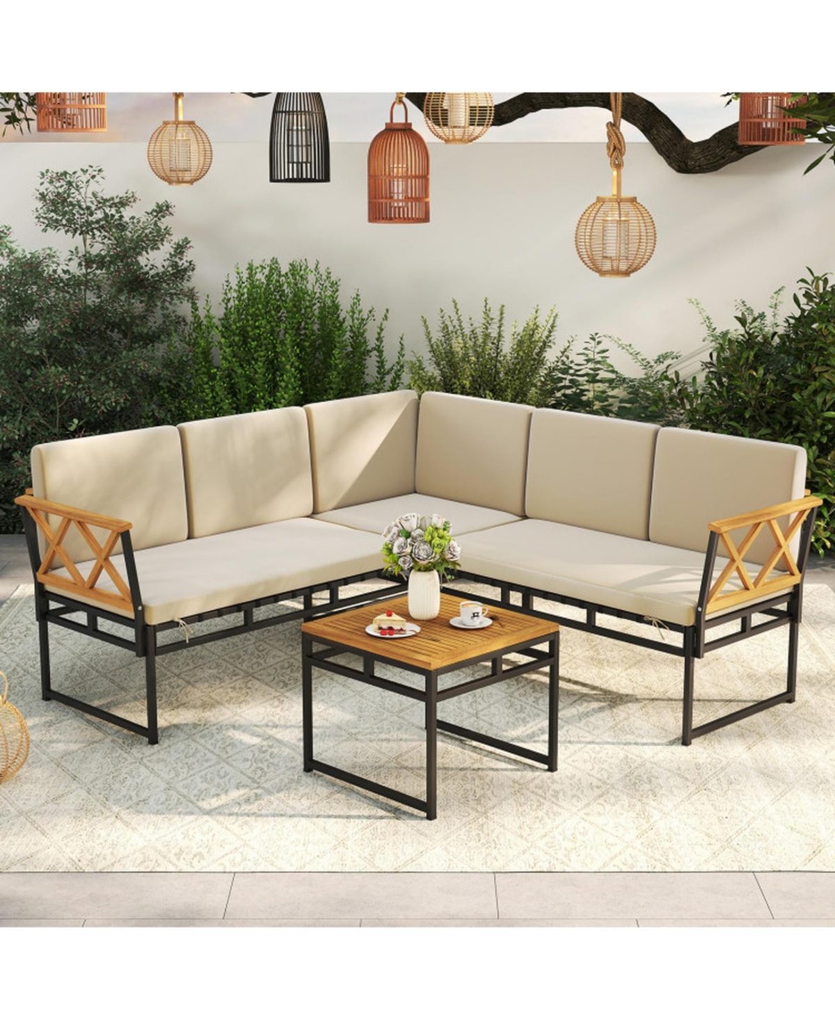 Gouun 4-Piece Outdoor Patio L-Shaped Sectional Sofa Conversation Set with Acacia Wood Side Table