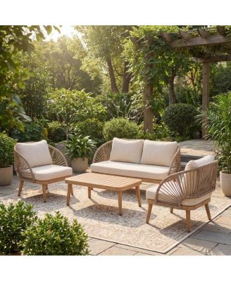 4-Piece Acacia Wood Outdoor Patio Conversation Set with Rope Accents and Cushions