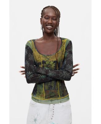 Women's Long-Sleeve Floral-Print Scoop Neck T-Shirt
