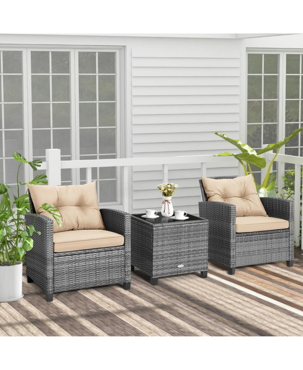 Gouun 3-Piece Outdoor Wicker Conversation Set with Tempered Glass Coffee Table