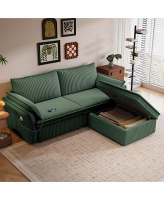 85" Convertible Sleeper Sofa Bed, 2-in-1 Plush Pull Out Couch with Storage Ottoman, Hidden Storage, USB Charging Ports, 2 Pillows