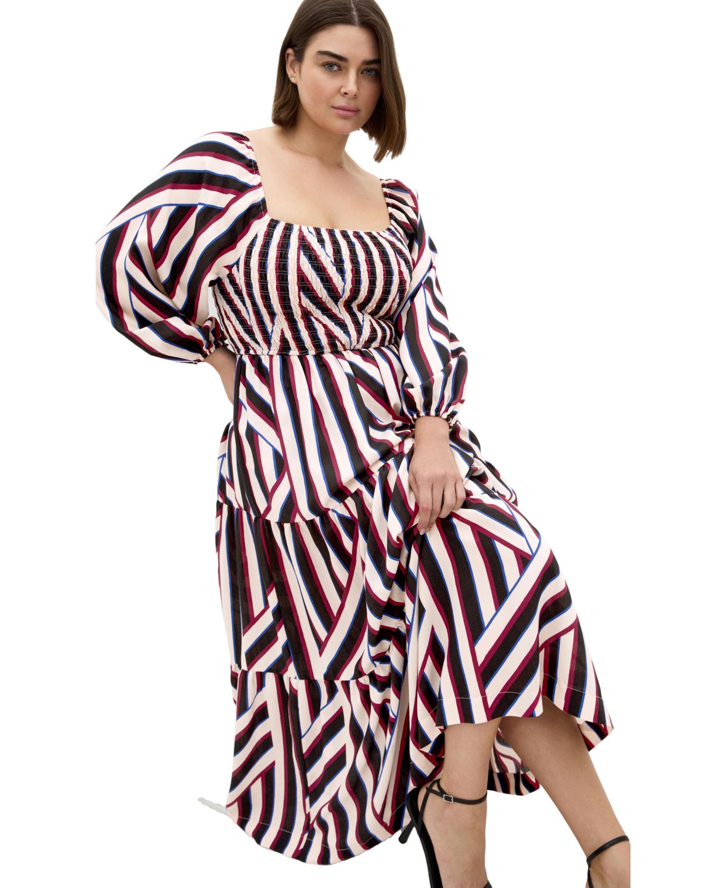 Plus Size Long-Sleeve Stripe Shirred Maxi Dress