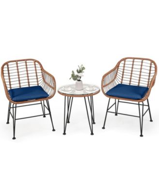 Outdoor Rattan Bistro Conversation Set with Round Glass Side Table