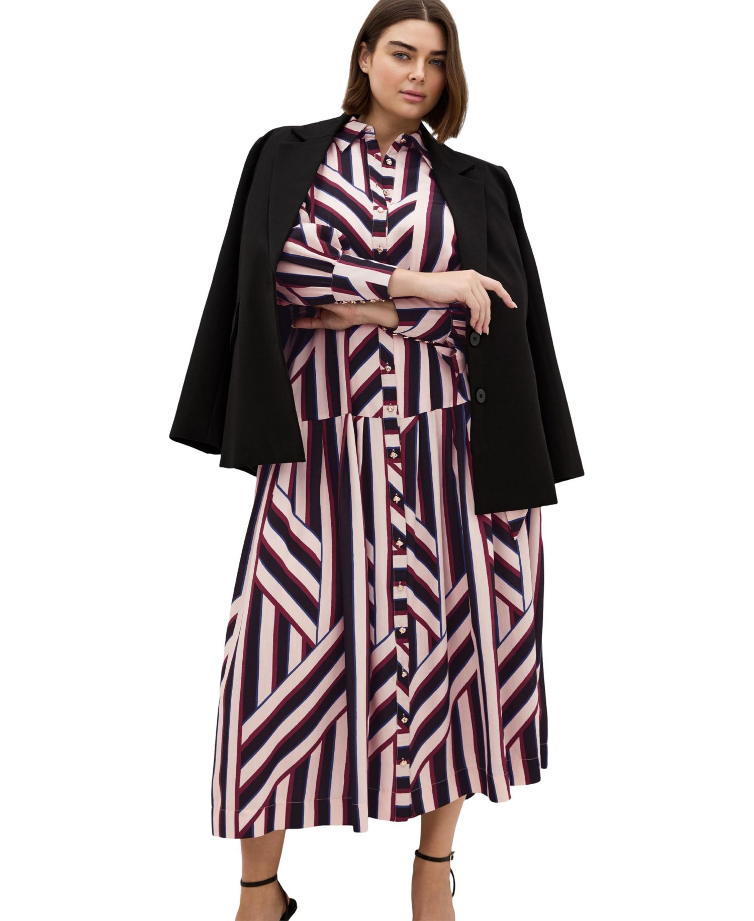 Plus Size Timeless Stripe Long-Sleeve Shirt Dress