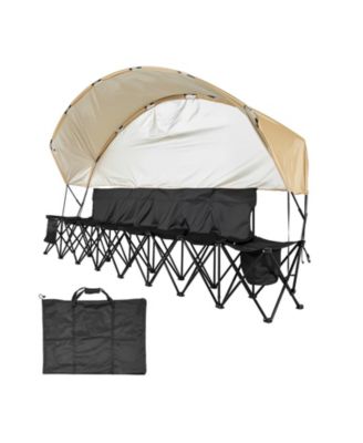 6 Seat Folding Sideline Bench with Sunshade Canopy Cup Holders and Storage Pockets for Outdoor Events