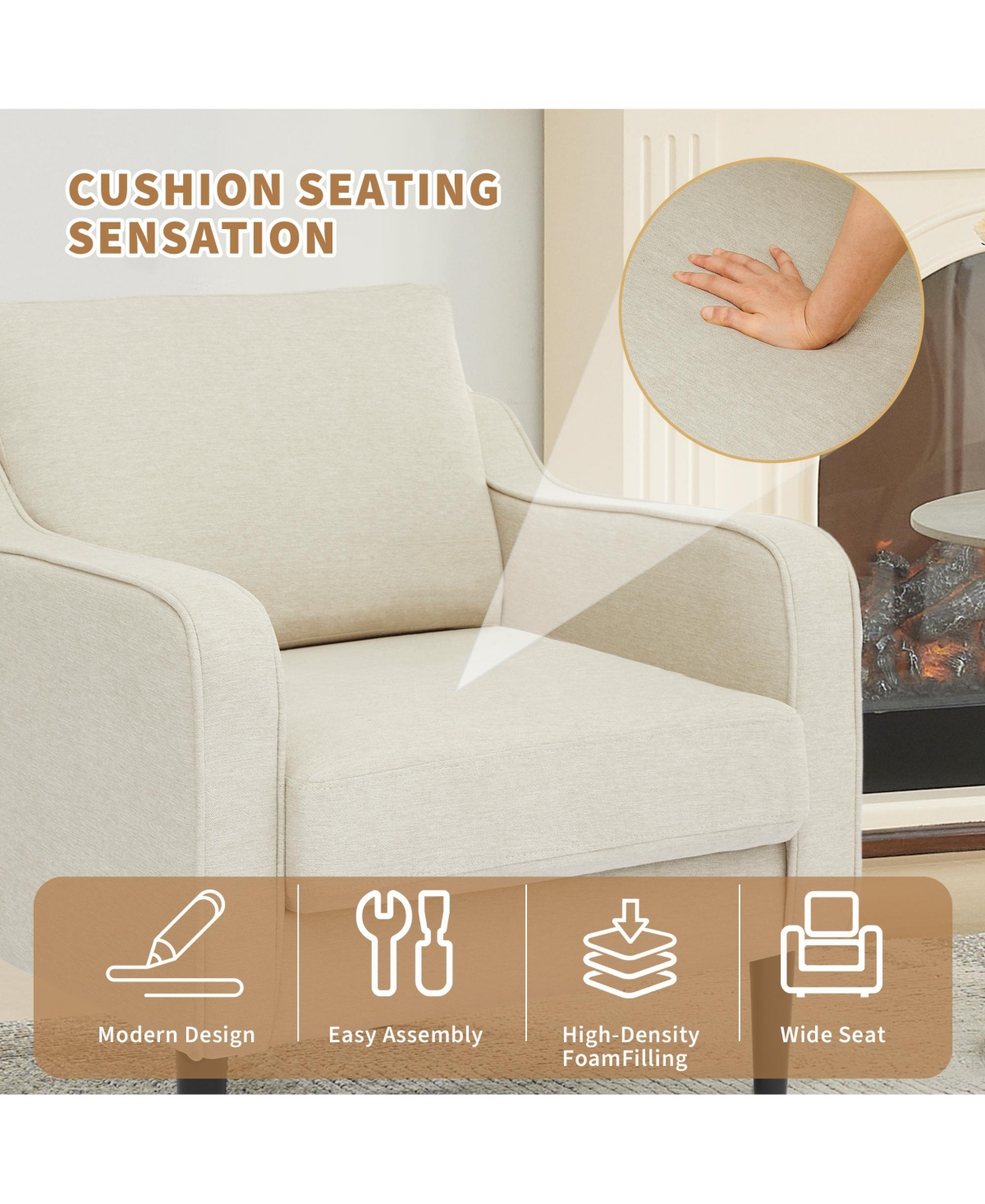 homfan Mid Century Modern Accent Chair, Linen Upholstered Living Room Arm Chair with Wood Legs, Reading for Bedroom Apartment Adults Relaxation