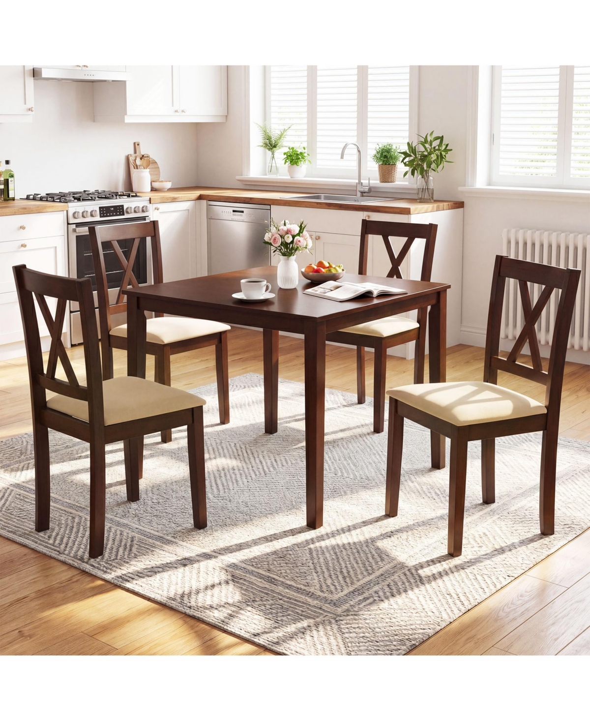 Costway Farmhouse Dining Table for 4 People, 35" Square Kitchen Table with Rubber Wood Legs