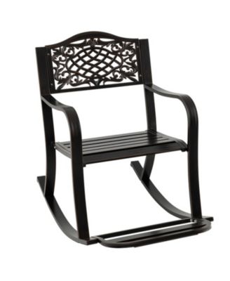 Cast Aluminum Outdoor Patio Rocking Chair with Footrest, Curved Armrests and Floral Backrest