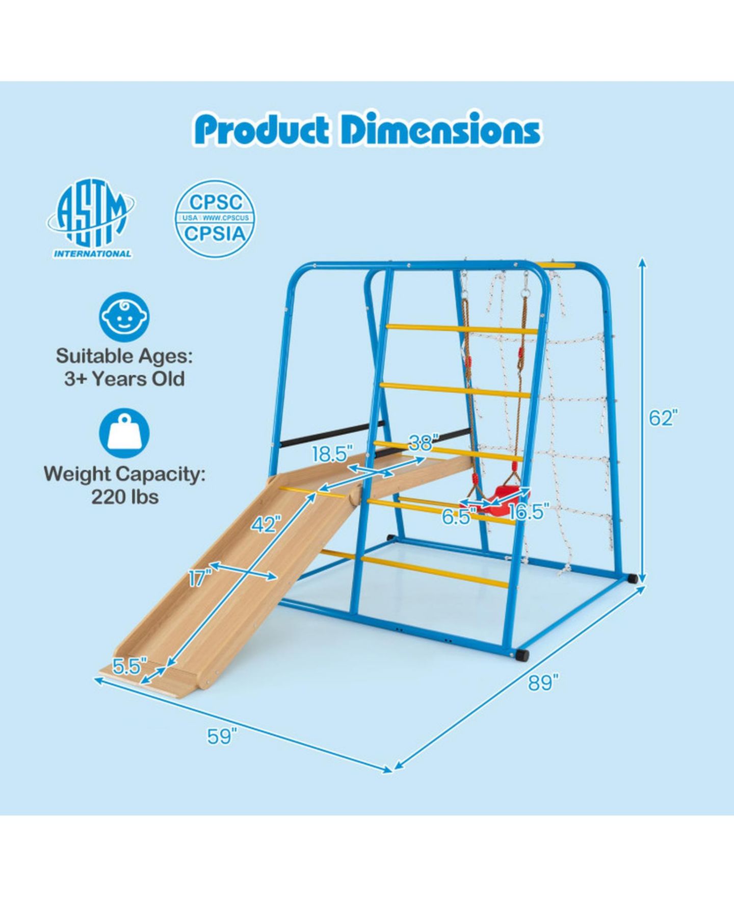 Детский игровой набор HONGGE 6-in-1 Indoor Jungle Gym Playset with Adjustable Swing, 89" x 59" x 62", 220 lbs Capacity, Ages 3+, цвет: Разноцветный / Синий — фото 3
