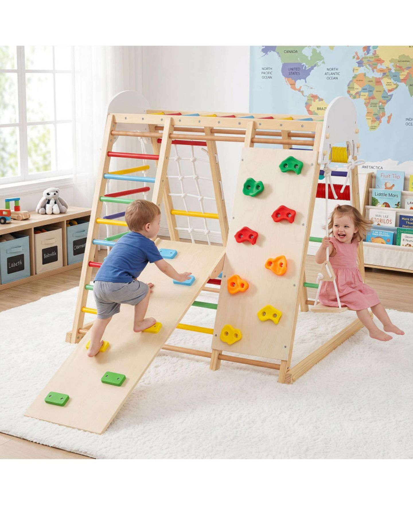 Детская игрушка HONGGE Foldable Wooden Jungle Gym with Swing and Monkey Bars, от 3 лет, цвет: Коричневый — фото 10