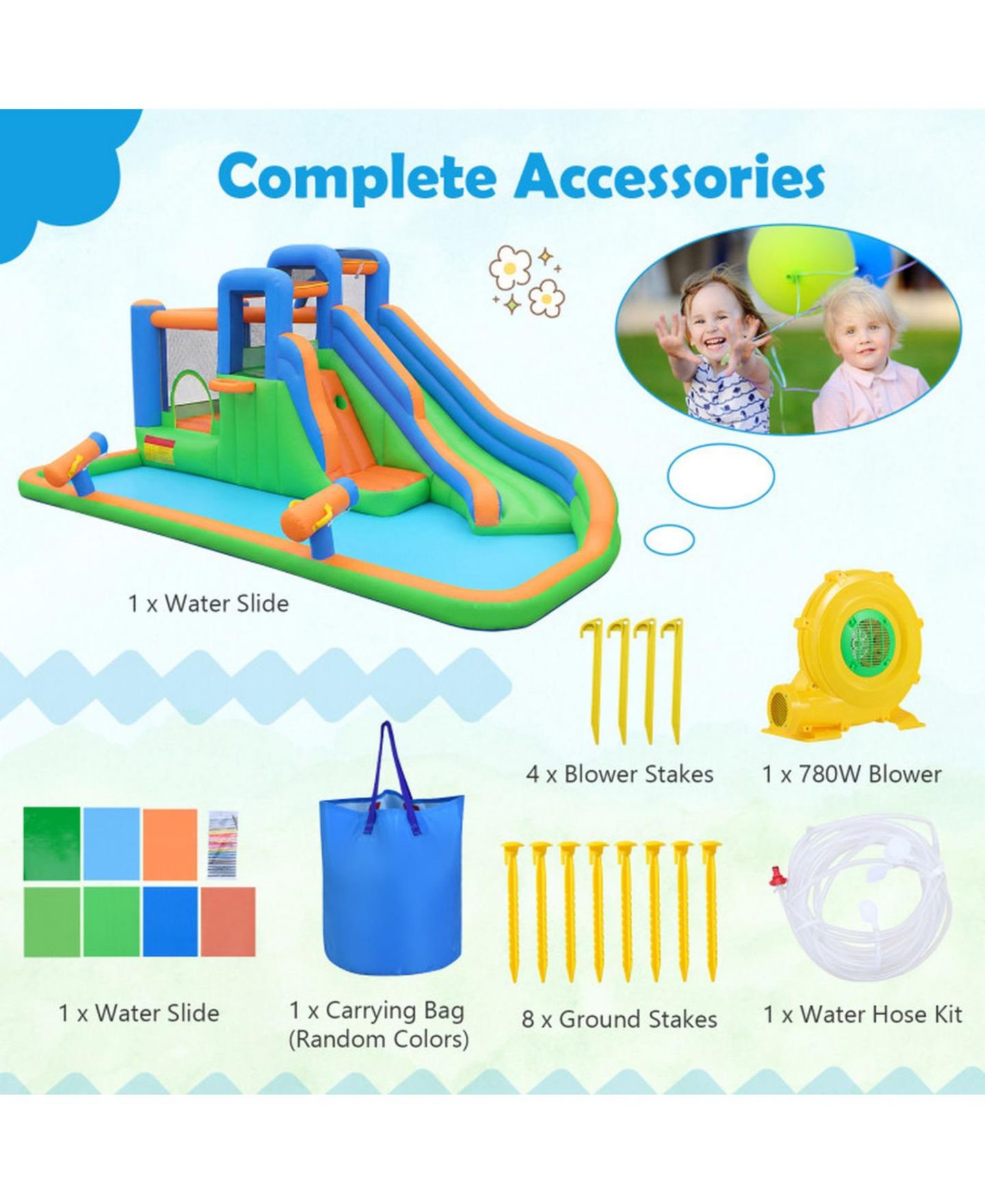 Детская игрушка HONGGE Inflatable Water Slide Bounce House with Splash Pool and 780W Blower Ages 3-12, цвет: Синий — фото 3